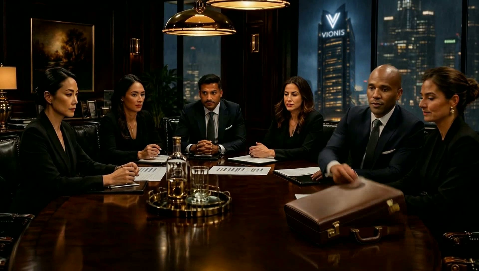 Executives in a dark boardroom as a briefcase is opened and a Daily Trending Brief™ folder is placed on the table