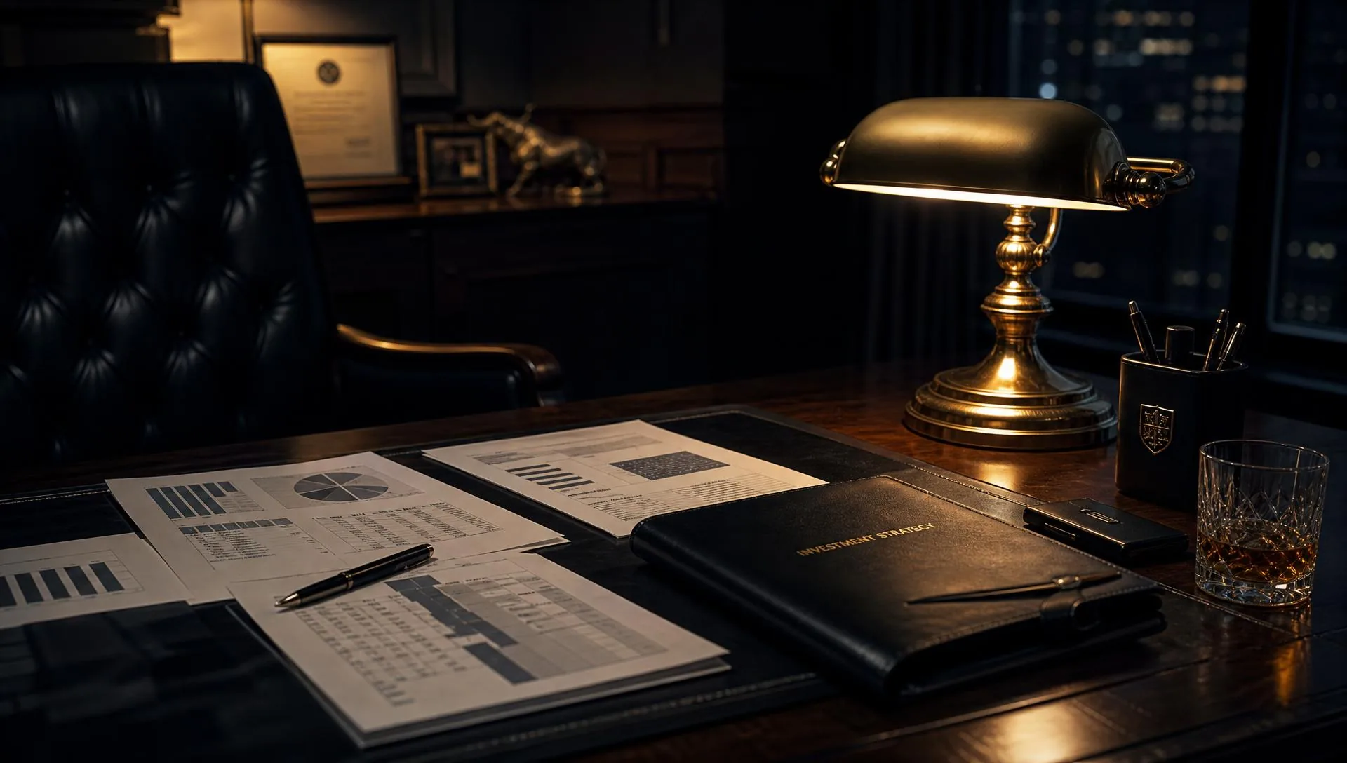 A dark executive desk with printed charts lit by a single brass lamp
