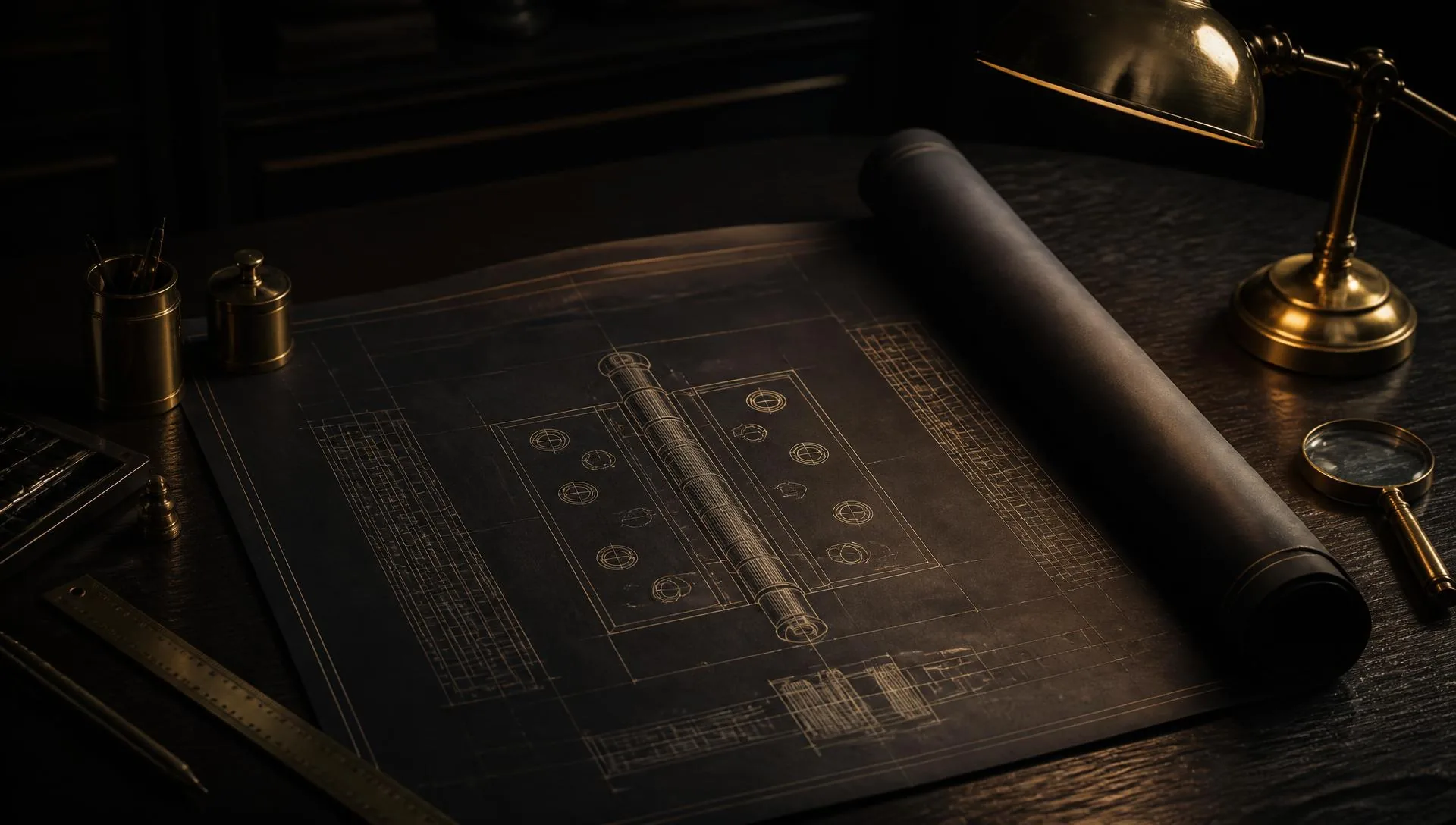 An architectural blueprint of a door hinge unrolled on dark wood beside brass drafting tools and a single lamp