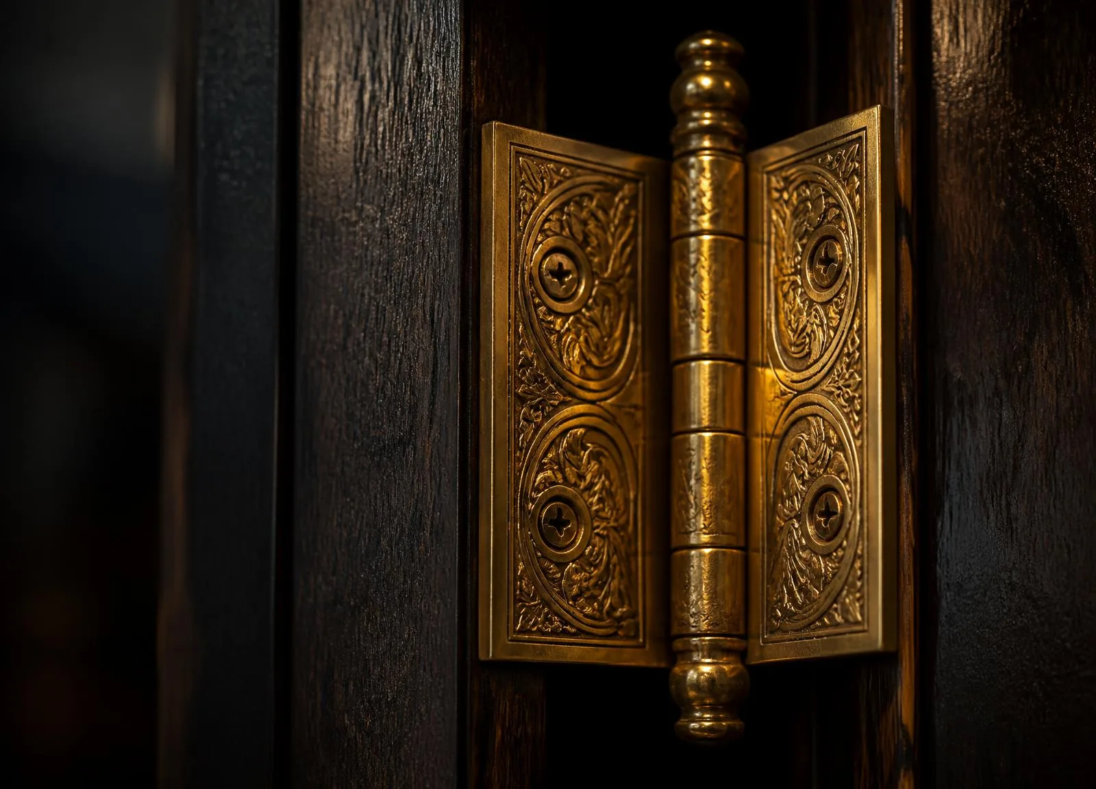 Macro detail of an ornate brass hinge on a dark walnut door under warm light