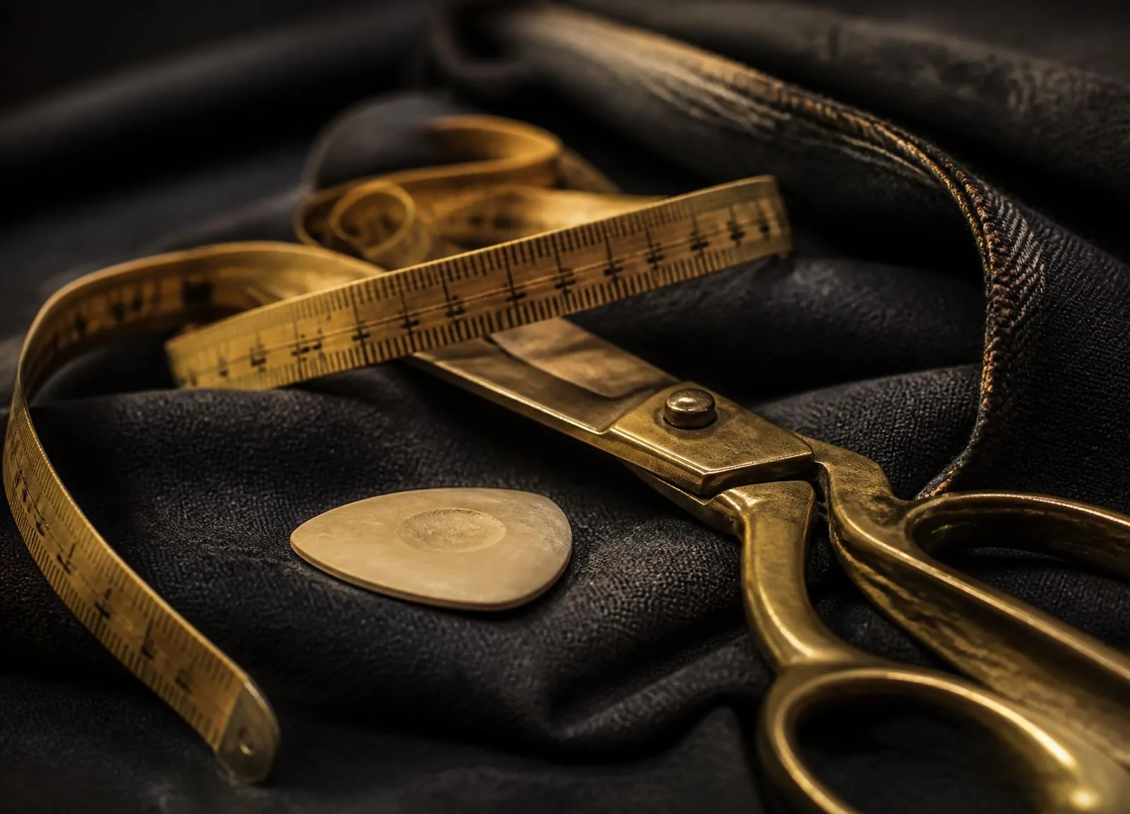 A tailor’s measuring tape, brass shears and chalk resting on folded dark fabric
