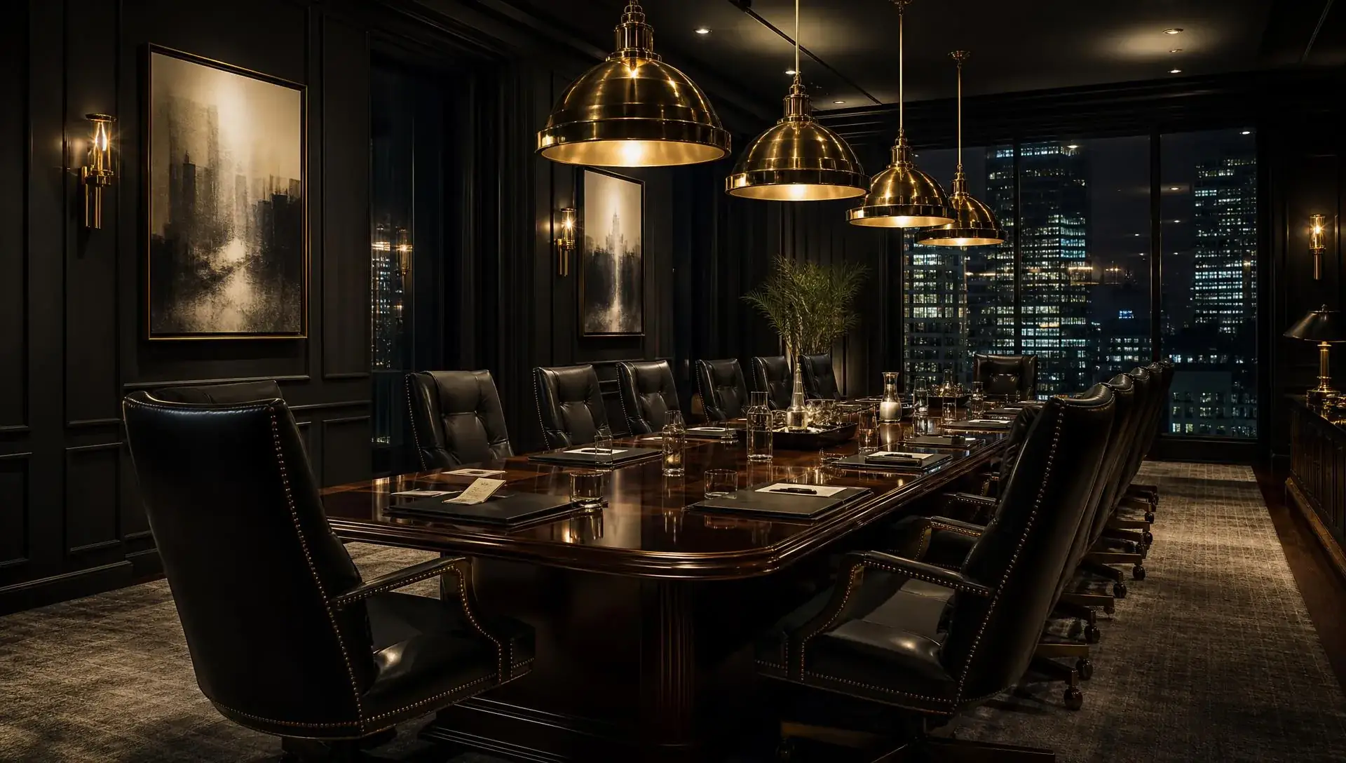 A dark boardroom at night with brass pendant lighting