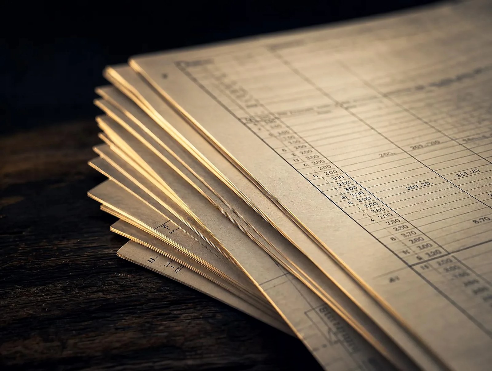 A stack of printed ledger sheets fanned on dark wood, edges catching warm light