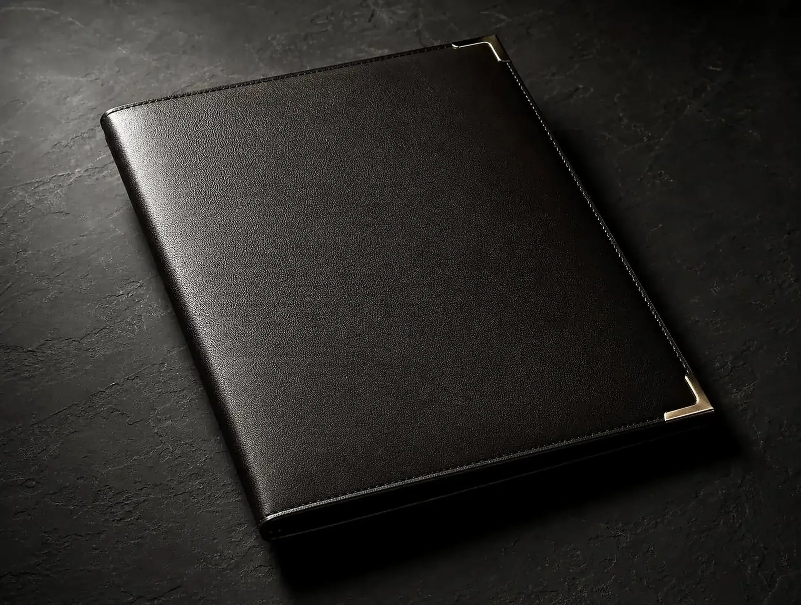 A closed dark leather folder with brass corners under a single hard directional light