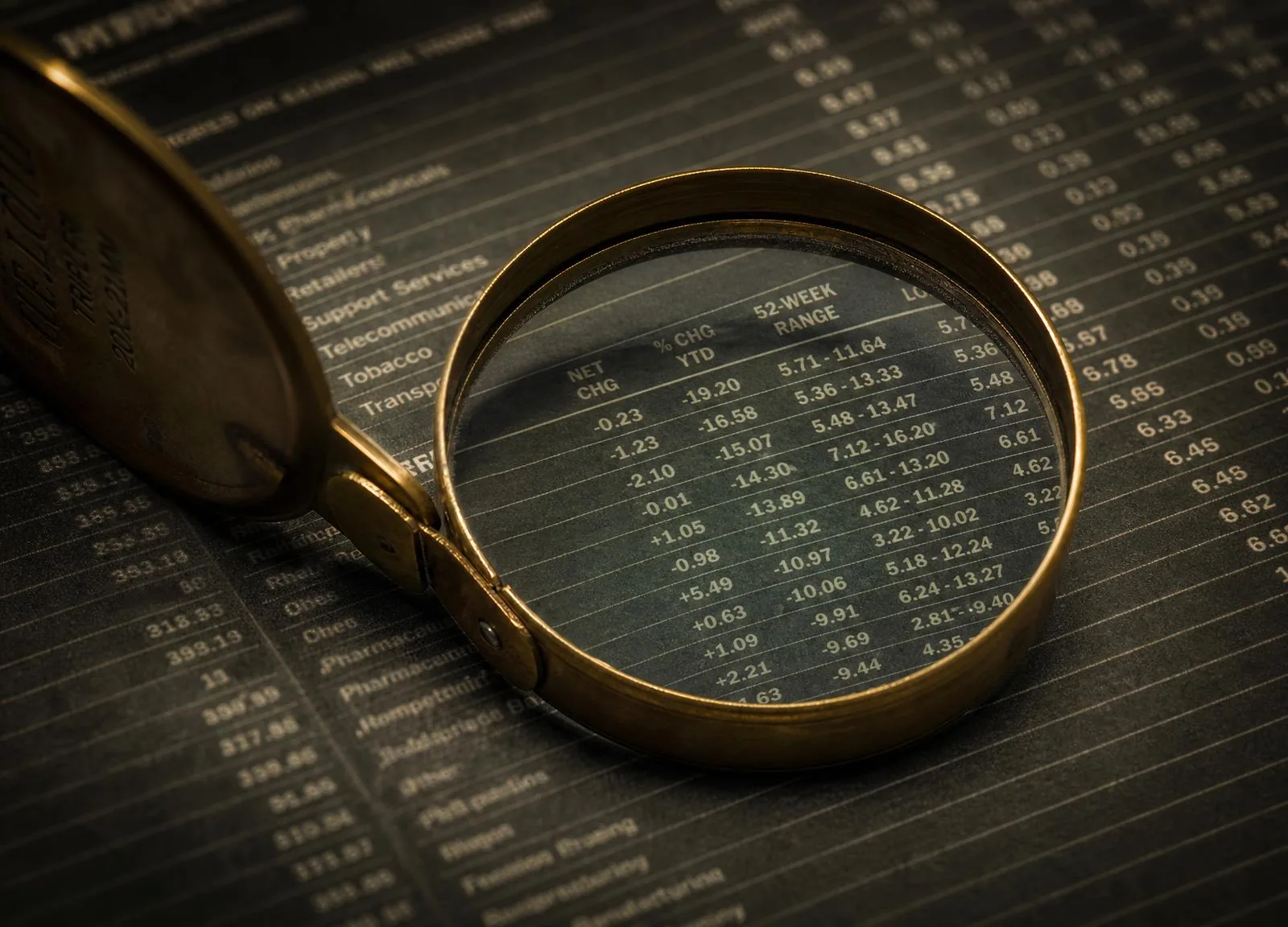 A brass magnifying loupe resting on a dense printed data sheet under warm light