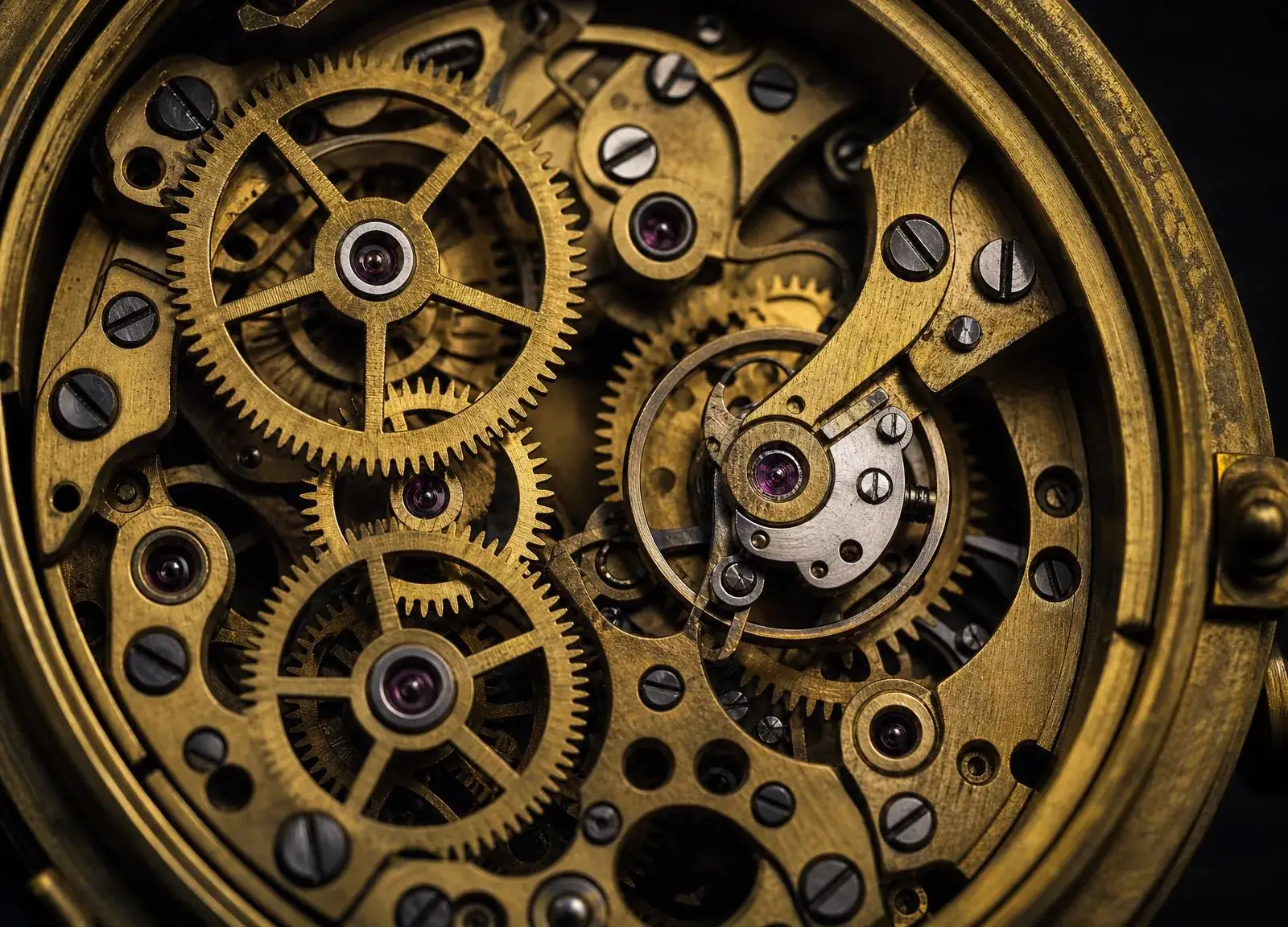 Macro detail of the brass gear train inside an antique clock movement