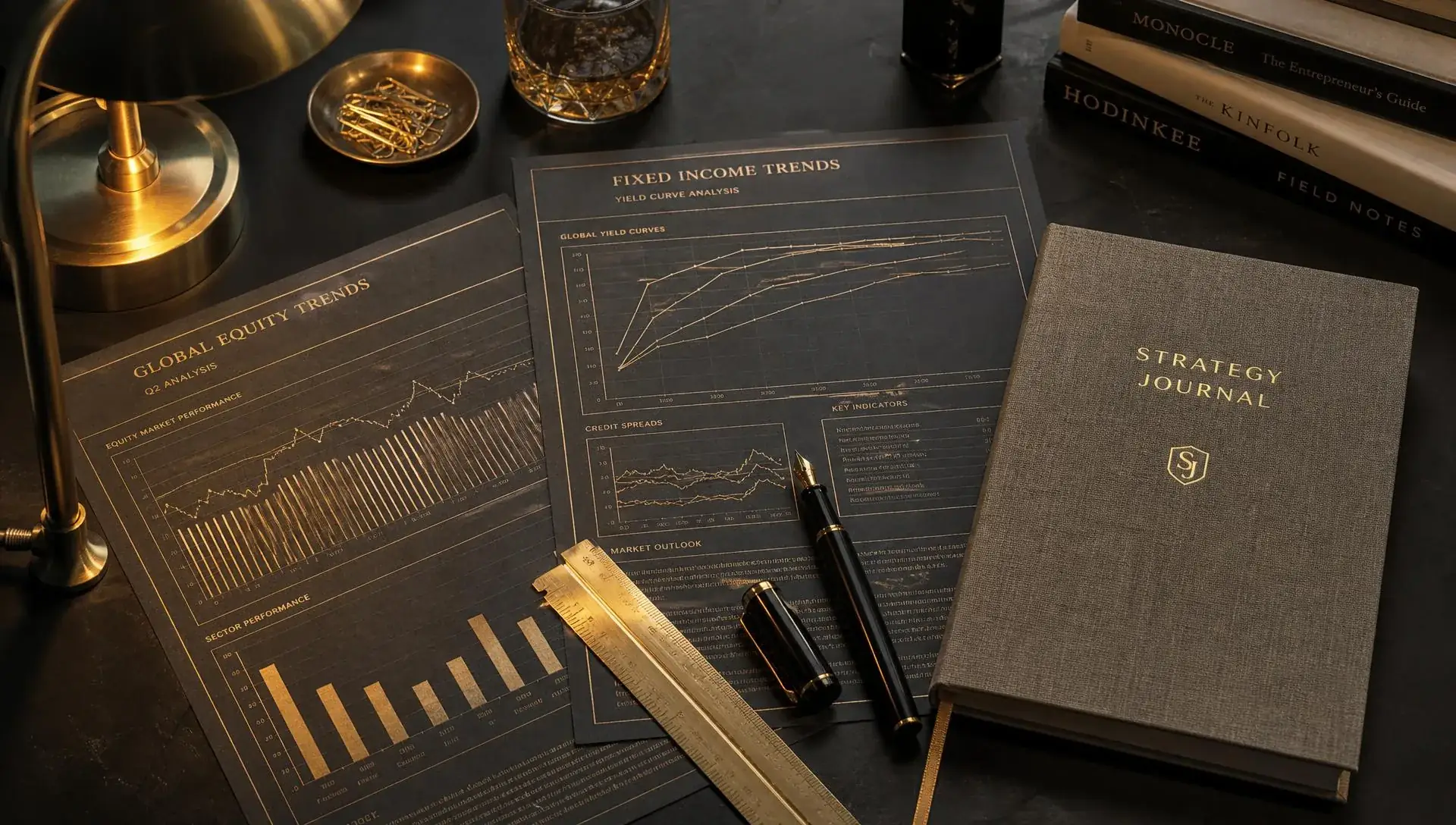 A dark work table with printed market pages and a brass lamp